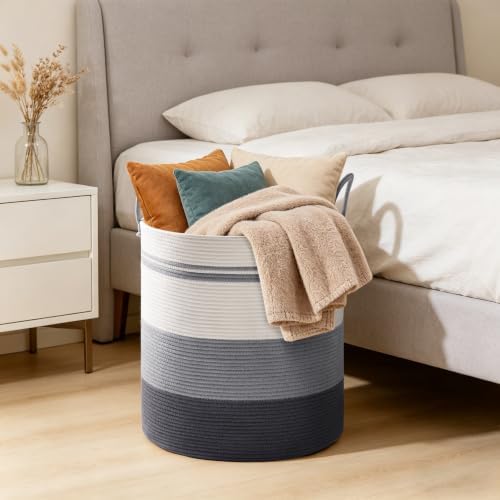 100L Extra Large Tall Cotton Rope Laundry Basket with Handles, Grey Striped - Image 5