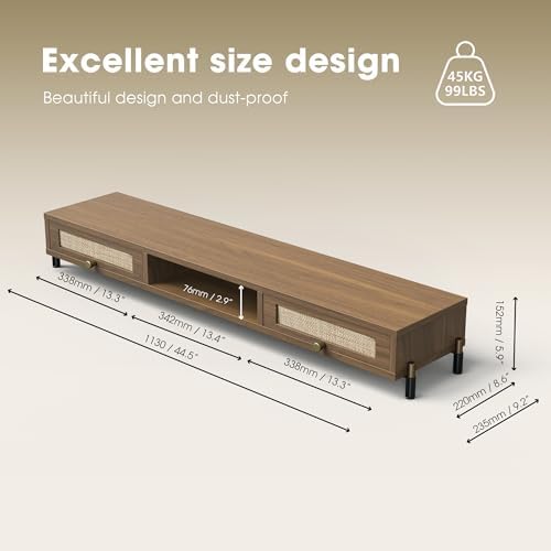Fenge Dual Monitor Stand, Wooden Riser with Rattan Woven Flip Drawers - Image 4