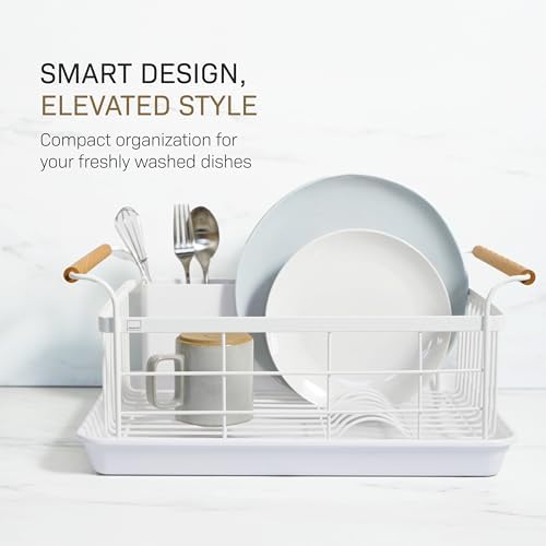 YAMAZAKI Home Dish Drying Rack – Modern White Dish Rack for Kitchen Counter with Removable Drying Tray and Cutlery Holder, Steel + Wood Dish Drying Organizer - Steel + Wood - - Image 2