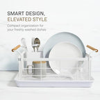 YAMAZAKI Home Dish Drying Rack – Modern White Dish Rack for Kitchen Counter with Removable Drying Tray and Cutlery Holder, Steel + Wood Dish Drying Organizer - Steel + Wood - - Image 2