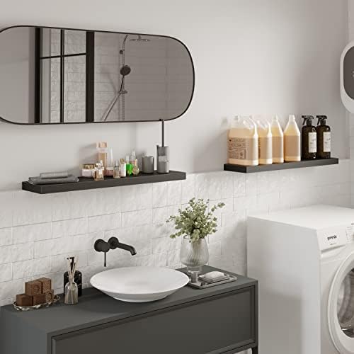 BAMEOS Floating Shelves, 31W x 8D Wall Mounted Display Shelves with Invisible Brackets, Set of 2 | Lightweight Décor Shelf for Bedroom, Living Room, Bathroom & Entryway Black - Image 2