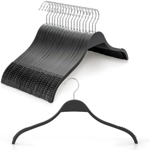 TOPIA HANGER Slim Wooden Hangers with Extra Soft Non-Slip Rubber Grips, 18-Pack High-Grade Fashion Black Hanger No Shoulder Bump for Sweater, Camisole, Jacket, Dress, Coat-CT16B by TOPIAHANGER