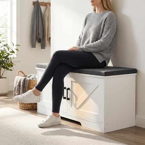 HOMSHO Farmhouse Shoe Storage Bench with 2 Barn Doors & Padded Seat Cushion - Image 4