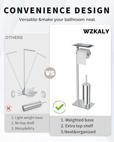 Toilet Paper Holder Stand, Free Standing Toilet Paper Holder with Shelf for Bathroom, Stainless Steel Chrome Toilet Tissue Holder with Brush and Holder Set, Weighted Base - Image 4