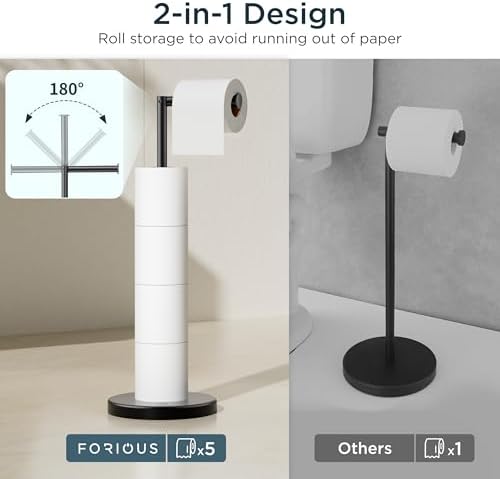 FORIOUS Toilet Paper Holder Stand with Storage for 4 Rolls, Matte Black - Image 2