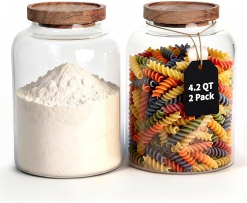 77L 2 PCS Large Glass Food Storage Jars with Airtight Lids, 4.2 Qt Wide Mouth Glass Canister Set for Pantry, Rice, Flour, Sugar, Cereal & Coffee by 77L