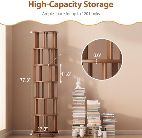 Muwuele 6 Tier Solid Wood Rotating Bookshelf Tower on Wheels, Walnut - Image 2