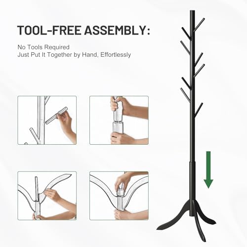 kiplant Black Coat Rack Stand, Bamboo Wood Freestanding Coat Tree with 8 Hooks, Hallway Entryway Hat Hanger Organizer Standing for Bedroom, Office, Clothes, Jackets, Bags, Umbrallas - Image 7