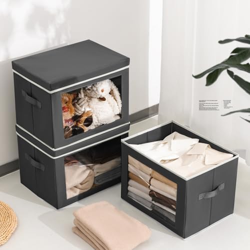Homsorout Stackable Storage Bins with Lids - Large Decorative Basket with Lids, Fabric Foldable Closet Organizer Bins, Shelf Organizer for Living Room, Dorm, 5 Pack, Dark Grey - Image 5