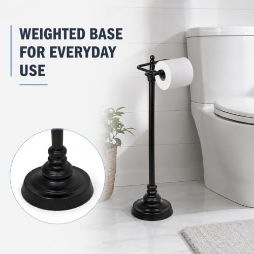 Trongee Toilet Paper Holder Stand, Freestanding Toilet Paper Holder with Weighted Base, Black Metal Toilet Paper Stand with Spring-Loaded Roll Bar, Fits Regular, Double & Mega Rolls for Bathroom - Image 3