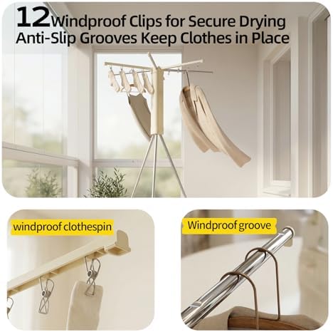 BIREN Foldable Clothes Drying Rack Tripod Clothes Rack with Clips Heavy Duty Laundry Rack Portable Clothing Racks for Travel, Camping, Hotel, Apartment, 6 Poles - Image 5