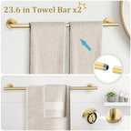 TURS Brushed Gold 10 Pieces Bathroom Hardware Set, SUS304 Stainless Steel 24 Inch Bath Towel Bar Set, Round Bathroom Accessories Kit Wall Mounted - Image 2