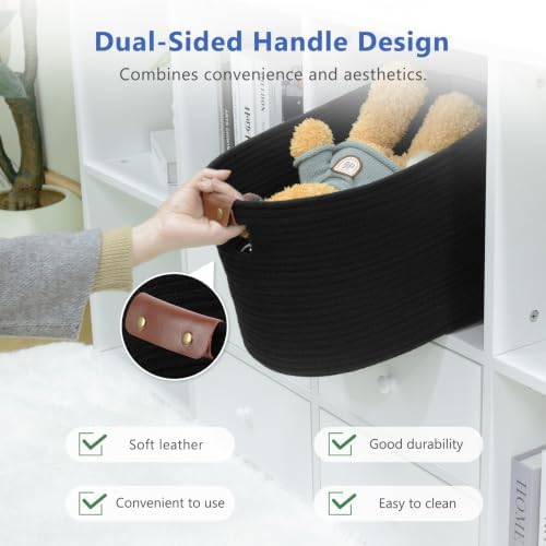 ECDYQXVU 15x10x9 Black Woven Cotton Rope Storage Basket Handles 2 Pack - Image 3