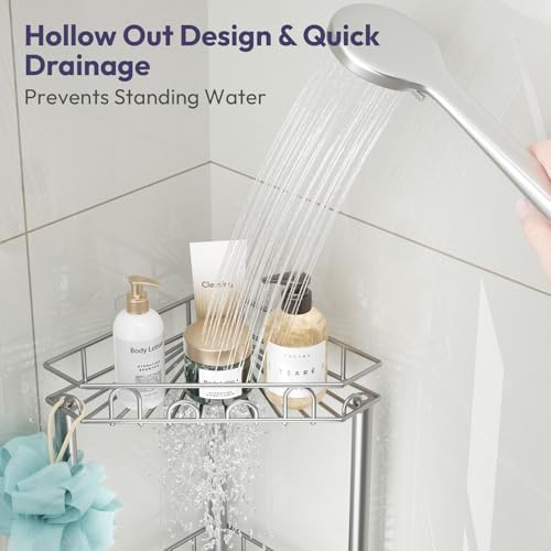 SWTYMIKI Standing Shower Caddy Corner - 3‑Tier Stainless Steel Shower Organizer Shelf with 12 Hooks and Adhesive Pads, Rustproof Corner Shelves Stand Rack for Bathroom Shower Room, Silver - Image 3