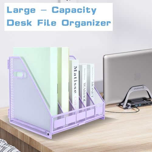 Desk Organizers Metal Magazine File Holder Racks Desktop Folder Storage Binder Organiser Document Organization for Home Office & Classroom,5 Vertical Compartments-Purple - Image 6