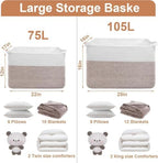 75L Large Blanket Storage Basket with Handles - White & Brown - Image 6