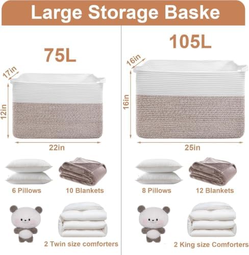 75L Large Blanket Storage Basket with Handles - White & Brown - Image 6