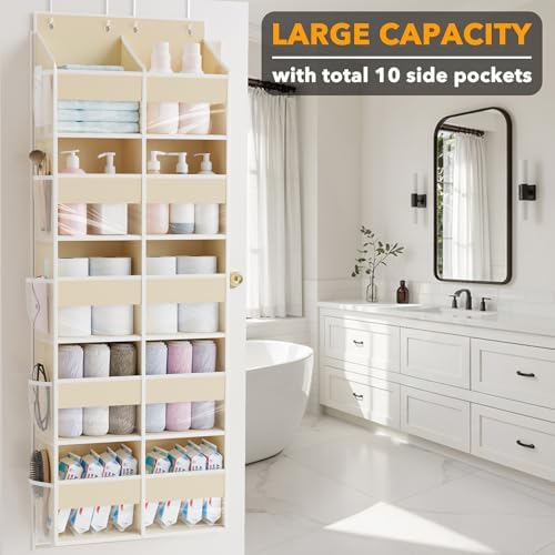 SpaceAid Extra Large Over The Door Organizer with 10 Large Pockets and 10 Mesh Side Pockets, 5 Layers Door Organizer Hanging with Clear Window for Bedroom, Bathroom, Pantry and Nursery, Beige - Image 3