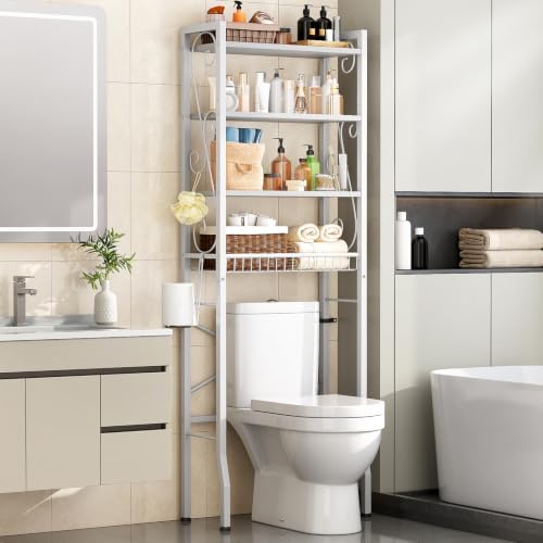 Over-The-Toilet Storage Rack 4-Tier,Bathroom Organizer Shelf Over Toilet,Adjustable Wooden Shelves and Basket,Freestanding Above Toilet Shelve,Space Saver for Rooms(White Rack-White Shelves) by Axdtvoz