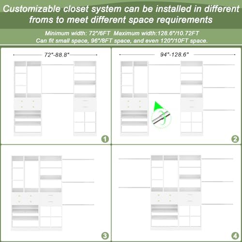 Besiost Closet System, Up to 128.6"/10.7 FT Closet Organizer with 4 Wooden Drawers and Shelves, Walk-in Closet System with 6 Hanging Rods, Built-in Closet Can Fit 96"/8FT, 120"/10FT, White Set 2 - Image 4