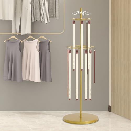 66 Inch Tall Tie Rack Belt Display Shelf, Floor Standing Belt Hanger 2 Tier Retail Scarf Stand Jewelry Necklaces Organizer Shawls Purse Shelf for Clothing Store Home (Gold) - Image 2