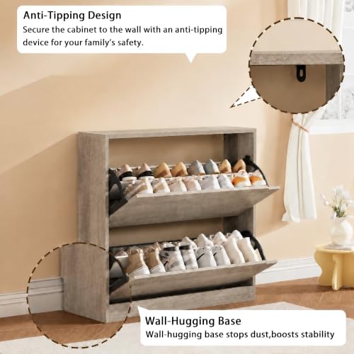 Grey Hidden Shoe Storage Cabinet for Entryway with 2 Flip Drawers - Image 6
