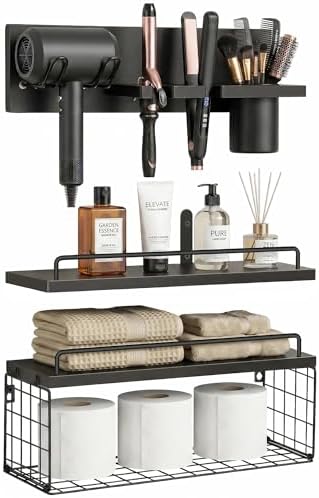 3-Tier Bathroom Floating Shelves with Hair Dryer Holder, Black by GODDGITT