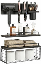 3-Tier Bathroom Floating Shelves with Hair Dryer Holder, Black by GODDGITT