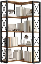 HOOBRO Corner Bookshelf, 5-Tier Industrial Corner Bookcase, Open Display Storage Rack, Vertical or L-Shaped, for Office, Living Room, Bedroom, Rustic Brown and Black BF66SJ01 by HOOBRO