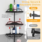 Black Corner Shower Caddy Tension Pole - Heavy Duty Rustproof Stainless Steel Shower Organizer with 4 Adjustable Shelves, No-Drill Free Standing for Bathroom, Bathtub, RV,54" to 114" Tall - Image 4