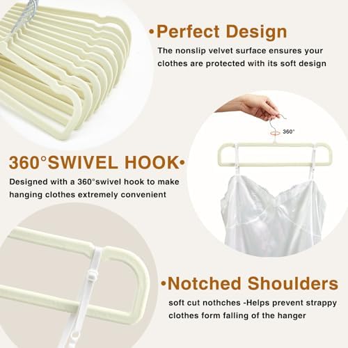 60 Pack White Velvet Felt Pants Hangers with 60 Hooks, Heavy Duty Space Saving Clothes Hangers with 360° Swivel Hook, Non Slip Thin Cute Flocked Design for Shirts, Coats, Dresses & Closet Organization - Image 4