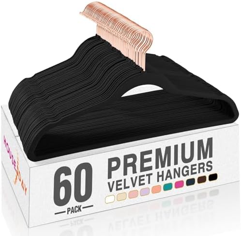 HOUSE DAY Black Velvet Hangers 60 Pack, Premium Non-Slip Felt Hangers, Sturdy Black Clothes Coat Hanger Heavy Duty, Durable Suit Hanger for Space Saving, No Marks Gold Hook by HOUSEDAY