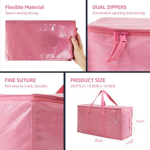 Moving Bags Heavy Duty Extra Large, Moving Boxes, Moving Supplies Essentials,Storage Bins with Lids, Plastic Packing Totes, Storage Bags for Clothes with Handles & Zippers(Pink, 10 Pack) - Image 7