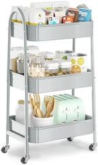 EAGMAK 3 Tier Utility Rolling Cart, Metal Storage Cart with Handle and Lockable Wheels, Multifunctional Storage Organizer Trolley with Mesh Baskets for Kitchen, Living Room, Office, Garage (Grey) by EAGMAK