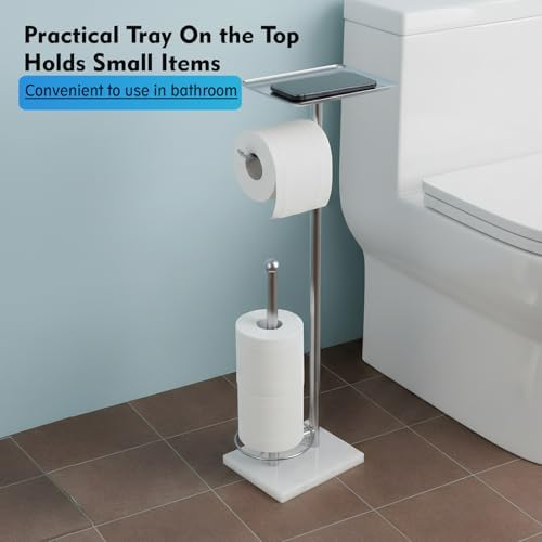 Toilet Paper Holder with Shelf, Free Standing Toilet Paper Holder with Storage - Toilet Paper Stand for Holding Extra 3 Rolls, Tissue Holder for Bathroom (Brushed Nickel with Marble Base) - Image 2