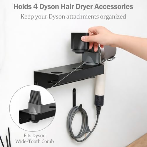 Hair Dryer Holder Wall Mount for Dyson, Blow Dryer Holder Compatible with Dyson Accessories, Stainless Steel Hair Dryer Stand Holds Up to 5 Attachments, Bathroom, Black - Image 3