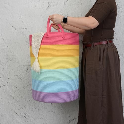 Woven Cotton Rope Laundry Basket Hamper 16" x 22" Large Rainbow - Image 3