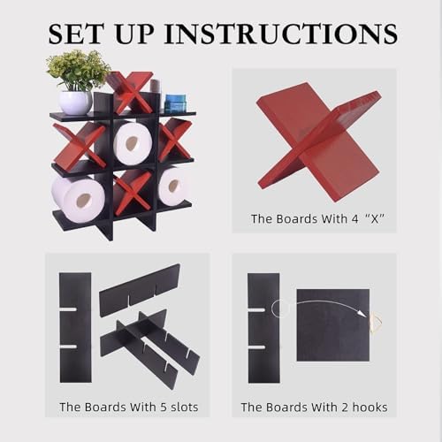 DAOYOUSKY Tic Tac Toe Toilet Paper Holder Stand with 4pcs Wooden X, Farmhouse Rustic Wall Mounted Funny Toilet Papers Storage Organizer with Shelf, Guest Bathroom Decor, Black and Red - Image 7