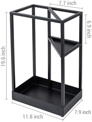 MyGift 20 Inch Tall Modern Brass Tone Metal Geometric Freestanding Entryway Umbrella Rack or Cane Holder with Shelf for Small Umbrellas and Bottom Drip Tray (Black-Large) - Image 5