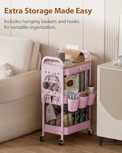 ALVOROG 3 Tier Metal Rolling Cart with Drawer,Wood Top,Pegboards,Pink - Image 2