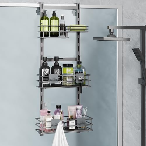 Orimade Over the Door Shower Caddy Adjustable 3 Tier Dark Grey,Bathroom Hanging Organizer Shelf Rustproof with 4 Hooks,Shower Basket with Soap Holder and Suction Cup by Orimade
