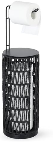 Black Freestanding Toilet Paper Holder with Storage,3 Rolls of Tissue Holder for Bathroom,Handmade Woven Toilet Paper Roll Holder Stand,Rattan Sturdy Boho Bathroom by Trongee