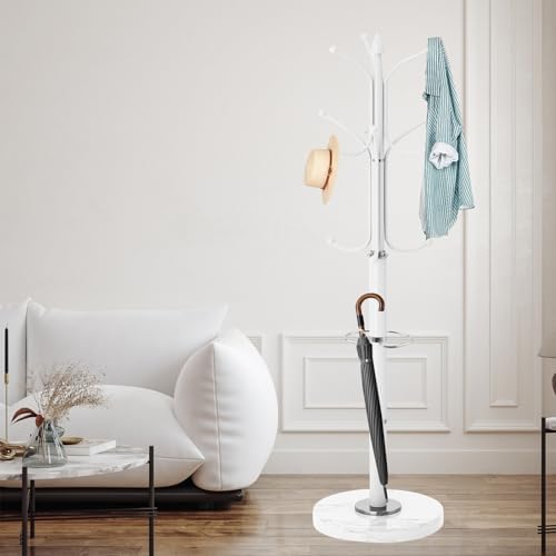 ZOZOE Metal Coat Rack Stand, Modern Coat Rack Freestanding with Natural Marble Base, Sturdy Coat Racks with 12 Hooks & Umbrella Holder,White Coat Tree Hanger Stand for Bags,Hats,Entryway,Office - Image 7
