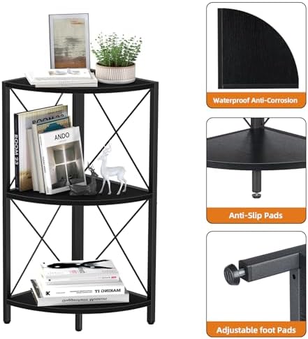 Snughome Corner Shelf with Metal Frame, 3 Tier Corner Storage Organizer, Freestanding Corner Bookshelf Stand Display Rack for Kitchen, Living Room, Black - Image 7