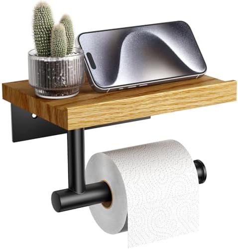 Tindbea Toilet Paper Holder with Wood Shelf, Wooden Wall Mount Tissue Roll Holder, Matte Black Stainless Steel Bathroom Accessories Decor for Household Home Apartment Restroom Essential (Red Oak) by Tindbea