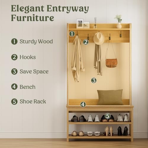 Hall Tree with Bench and Shoe Storage, 31.5” Coat Rack Entryway Organizer - Image 4