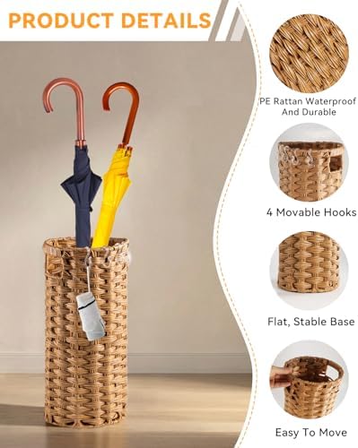 Rattan Umbrella Stand for Entryway,Hand-Woven Umbrella Holder Indoor with Doormat, Removable Drip Tray & 4 Hooks,Waterproof Umbrella Storage Basket - Image 3