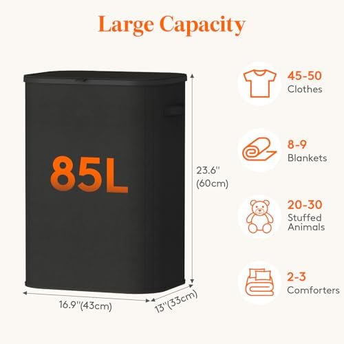 Lifewit 85L Large Laundry Hamper with Lid, Removable Inner Bag, Black - Image 3