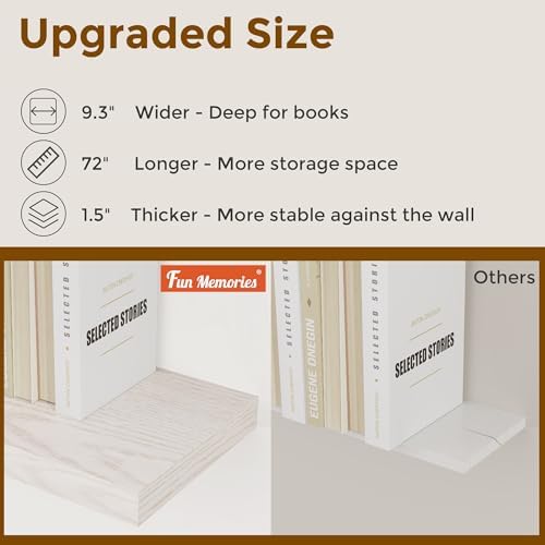 Fun Memories 72 Inch Long Floating Shelves for Wall, 72x9.3 Large Floating Shelf for Bedroom, Kitchen, Bathroom, Wall Mounted Rustic Wood Shelves with Invisible Bracket for Books, Decor, Brich - Image 5