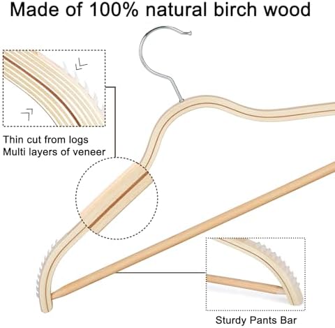 TOPIA HANGER Sleek Wooden Hangers with Non-Slip Rubber Grips, Sweater Hangers No Shoulder Bump, Lightweight Clothes Hangers 30-Pack, 360° Swivel Hook and Pants Bar-CT63N30 - Image 4